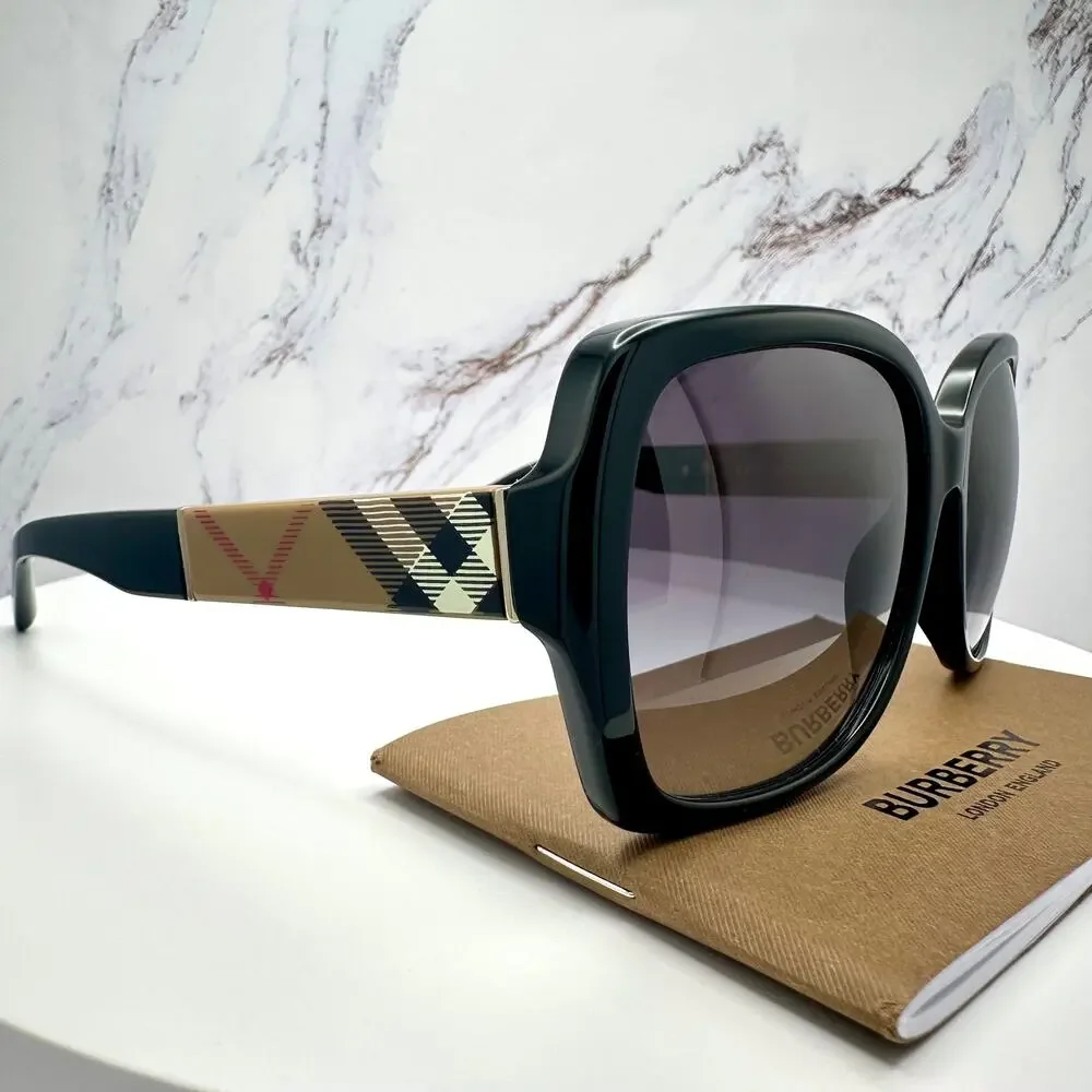 New Burberry Sunglasses Black Square Frames Checkered Arms Gradient BURBERRY